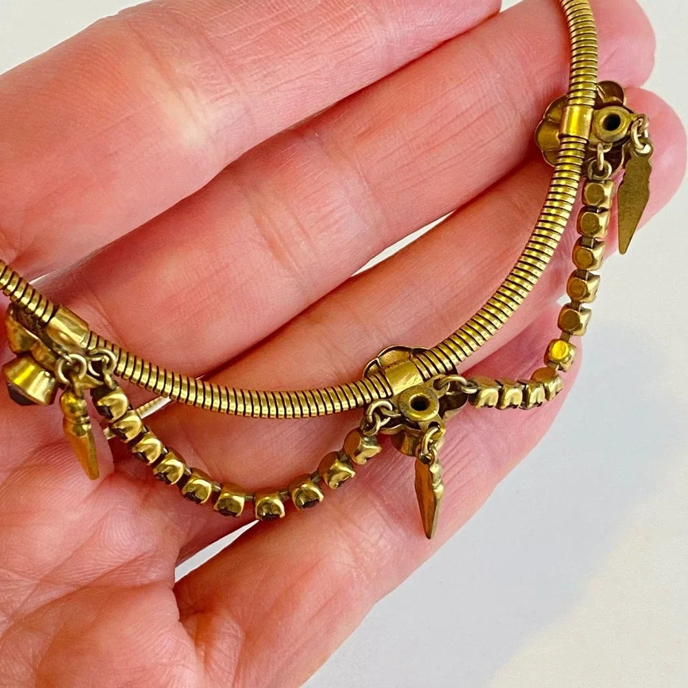 Vintage Gold‎ Filled Blue Rhinestone Festoon Snake Chain Spike Necklace 15